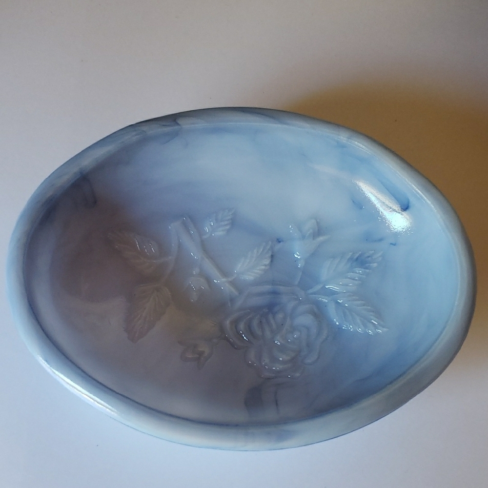 Avon Blue Ceramic Art Bowl with Minimalist Floral Design